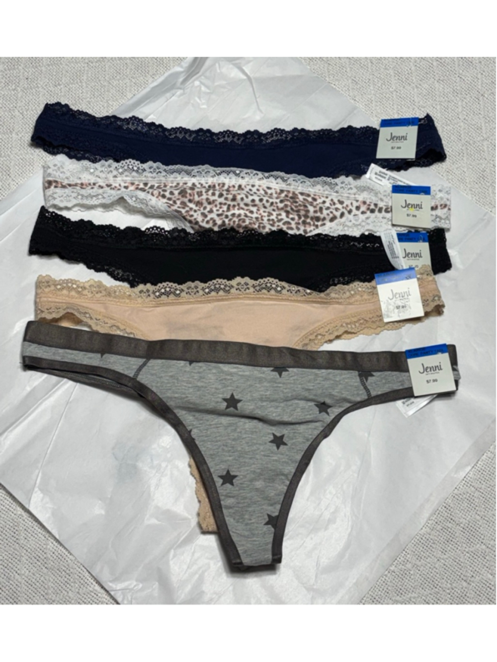 NWT Jenni Thong Underwear -Assorted Colors/Patterns 5 Pair Size Extra-Large (XL)